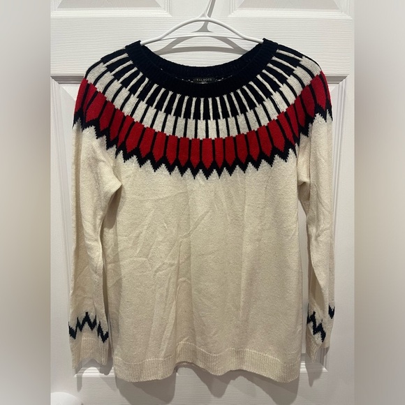 Talbots Womens‎ Wool Blend Fair Isle Nordic Cream Red Blue Sweater Large Winter - Picture 1 of 7